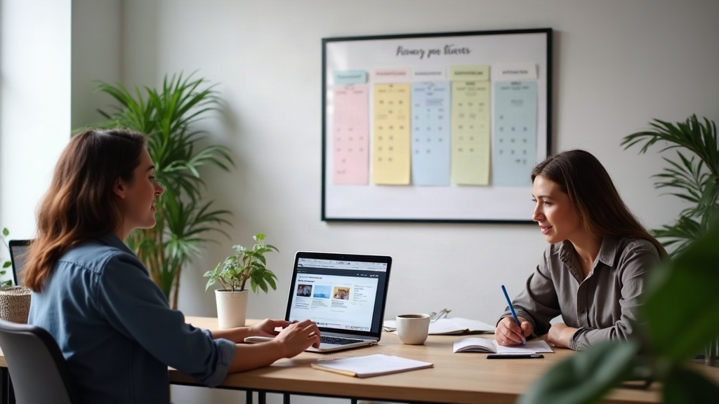 Desk with a computer showing a 4-pillar content calendar: education, products, social proof, offers