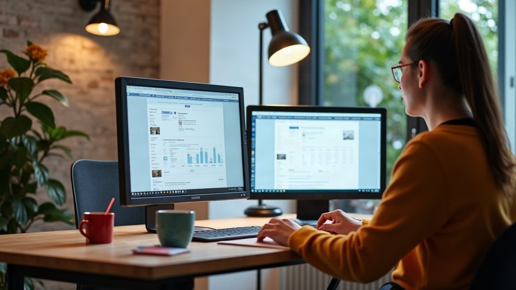 Community manager using an editorial calendar across two screens, illustrating social media automation