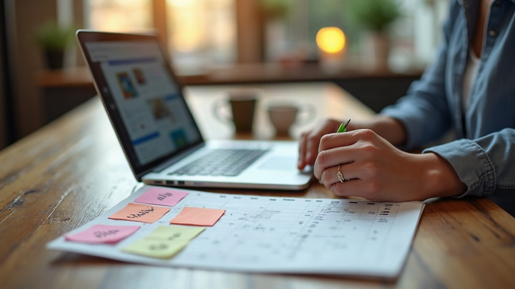 Calendrier éditorial avec post-its Reels/Carrousel/Story et ordinateur affichant statistiques Instagram