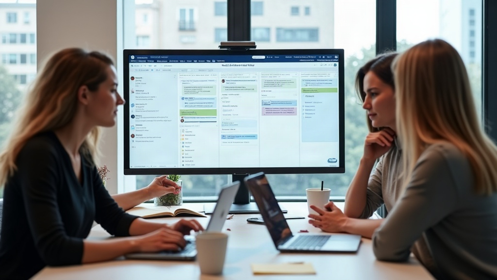 Equipe travaillant sur un scheduler multi‑réseaux affiché sur un écran, illustrant la planification et la collaboration.