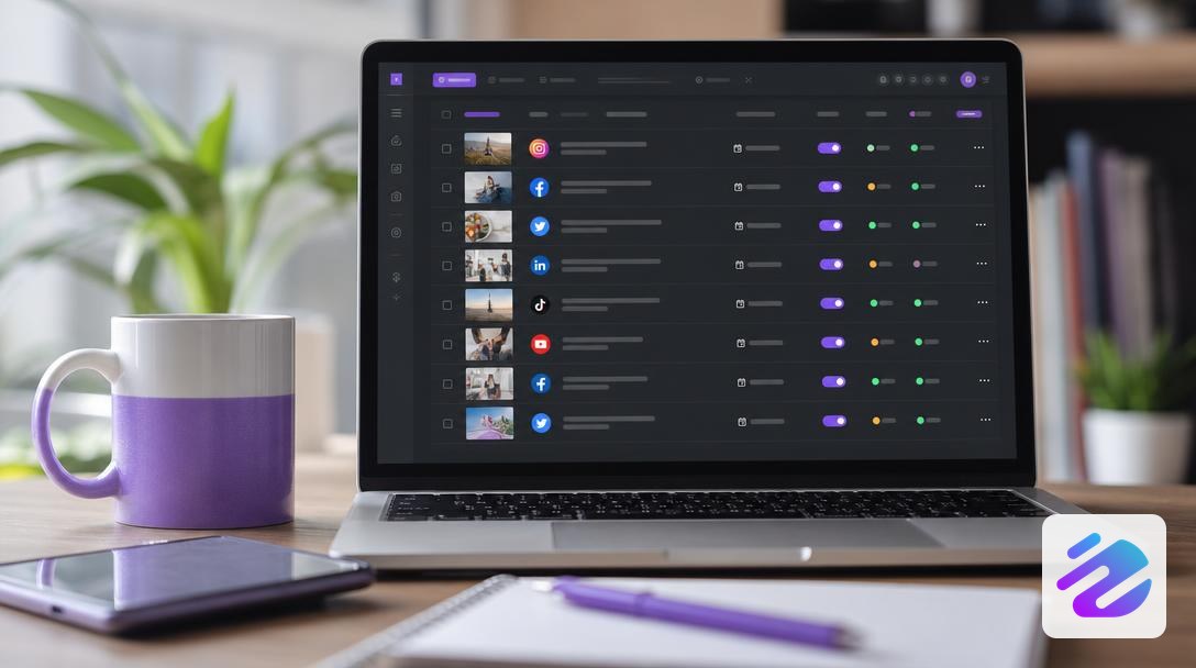 Dashboard displaying scheduled Facebook and Instagram posts, with a purple #7C5CFC brand element on the desk