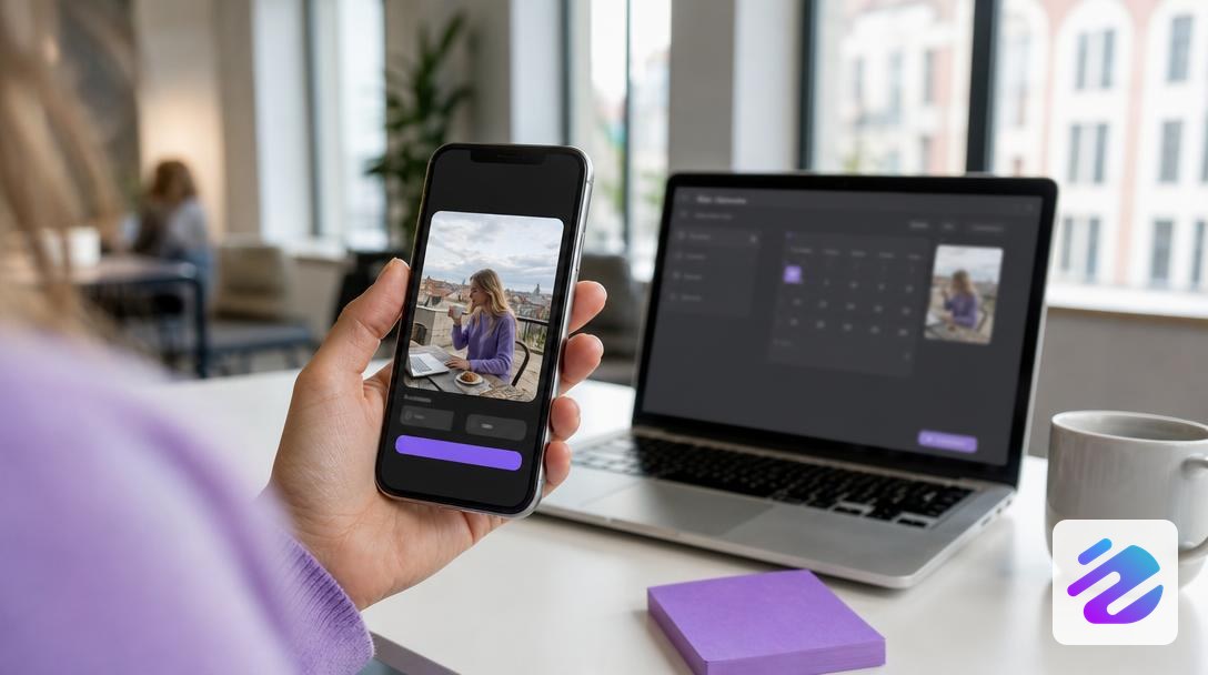 Smartphone affichant une vidéo TikTok verticale programmée depuis un ordinateur