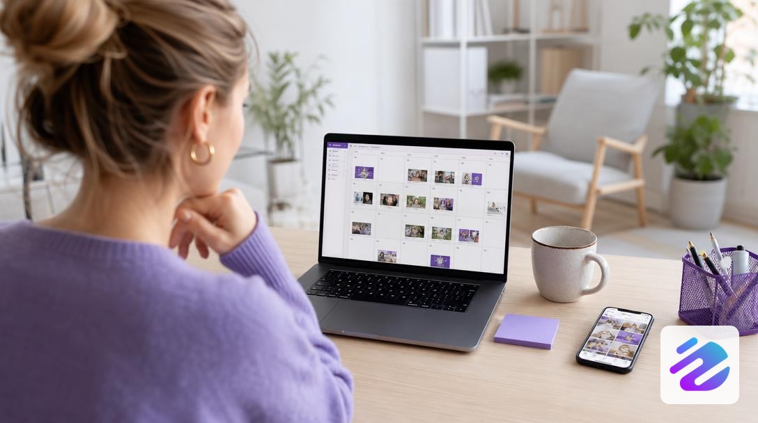 Laptop displaying a community manager tool with an editorial calendar
