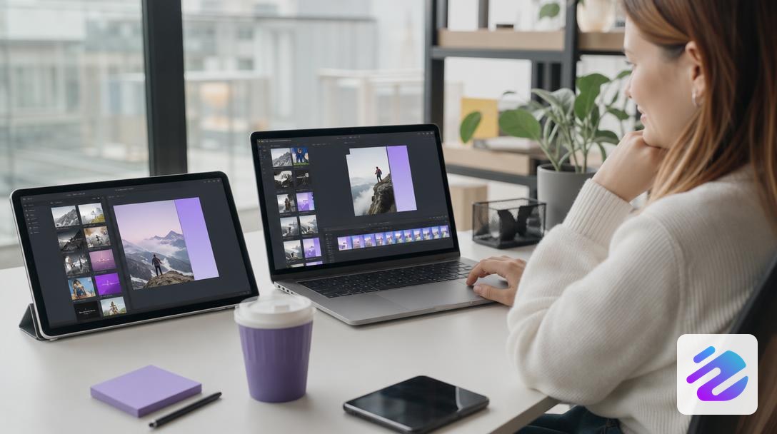 Tablet and laptop for creating visuals and editing videos for social networks