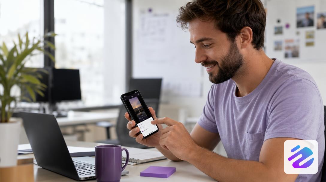 Freelancer scheduling an Instagram Reel on a smartphone in a bright office