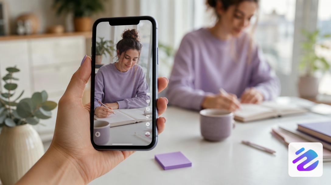 Hand holding a vertical smartphone showing a 9:16 Instagram Reel ready to be scheduled