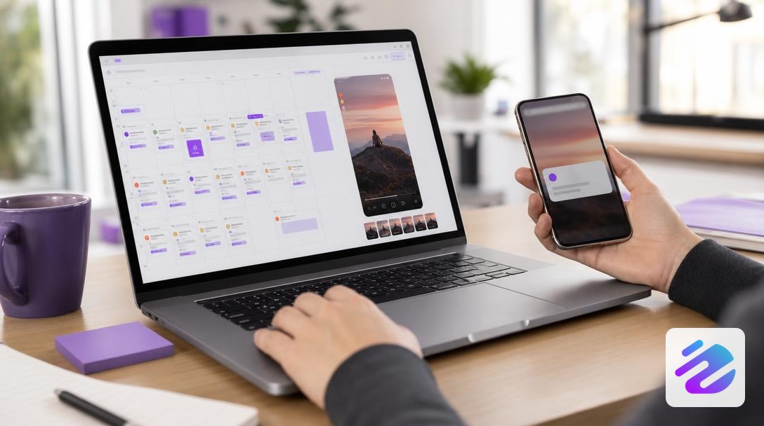 Computer with an editorial calendar and a phone showing a scheduled Story notification