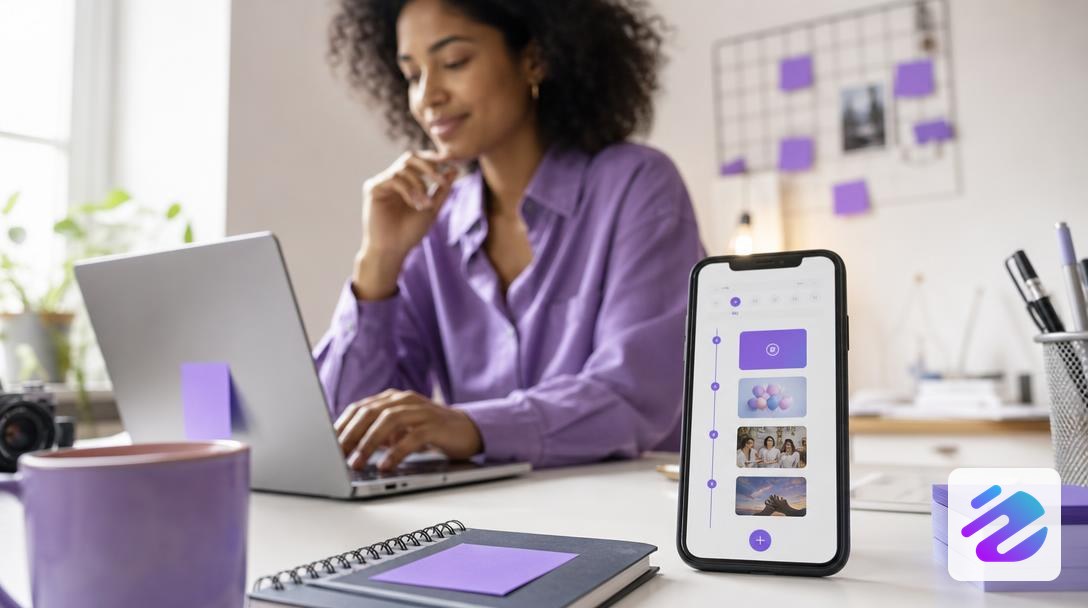 Smartphone showing a scheduled Instagram Story on an editorial calendar, with a freelancer working on a laptop