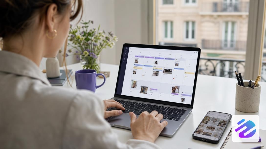 Logiciel de planification réseaux sociaux affiché sur un ordinateur portable dans un bureau lumineux