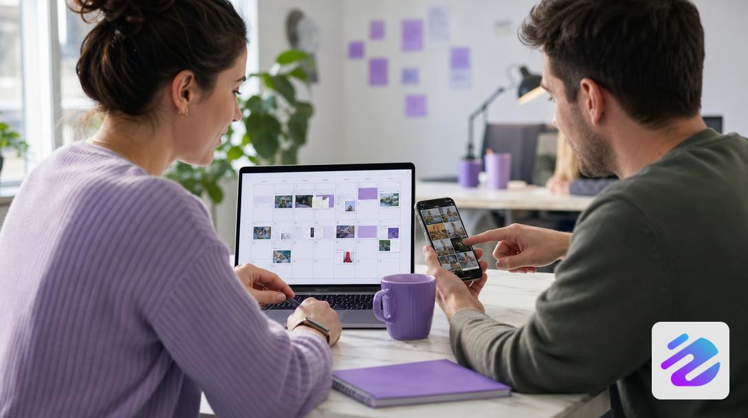 Équipe qui valide un workflow de publication planifiée sur réseaux sociaux dans un bureau lumineux