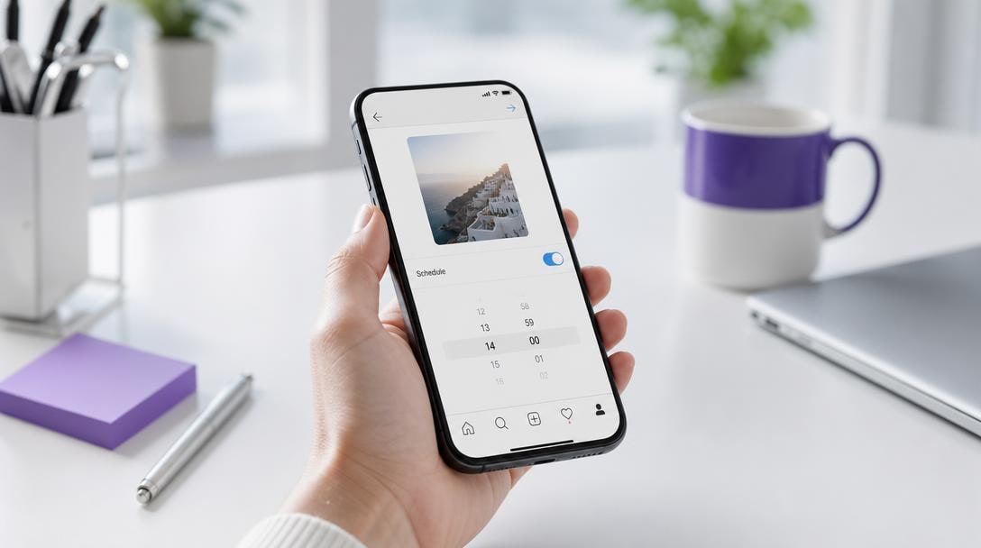 Smartphone affichant la programmation d'une publication dans l'application Instagram