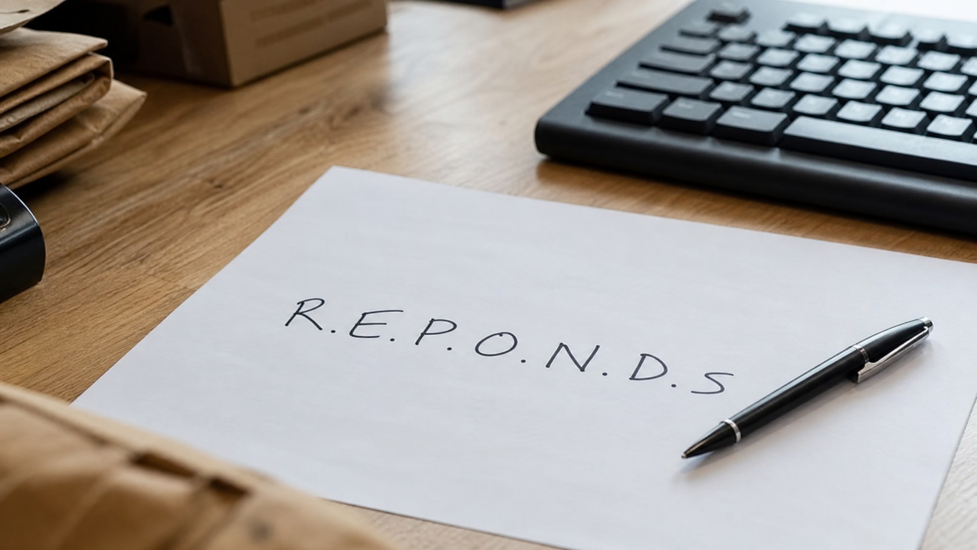 Feuille avec méthode R.E.P.O.N.D.S, clavier et stylo sur table