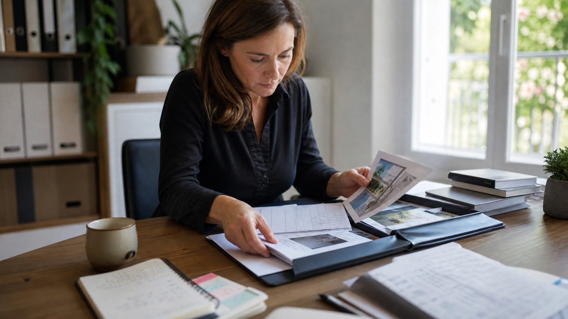 Gérante réunissant preuves imprimées et notes datées dans une chemise