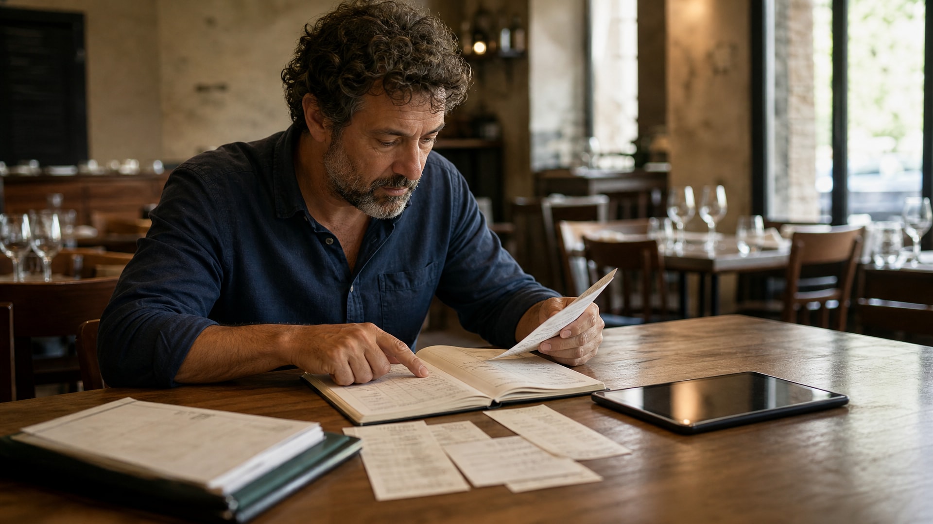 Restaurateur comparing reservations and receipts to verify a disputed customer visit